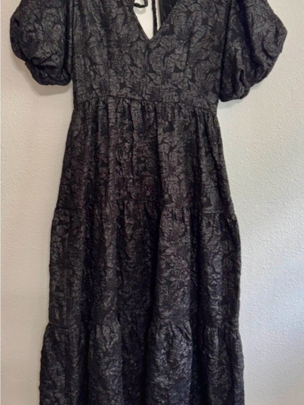 Sugarlips Black Floral Jacquard Puff-Sleeve Tiered Maxi Dress